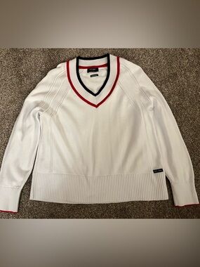 Saint James White V-Neck Sweater with Navy Blue and Red Trim